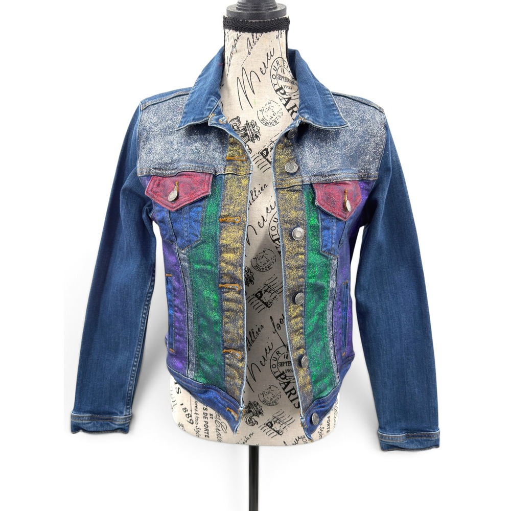 Lands' End Denim Jacket S Cutstom Metallic Rainbow Colorblock Glitter Disco Glam